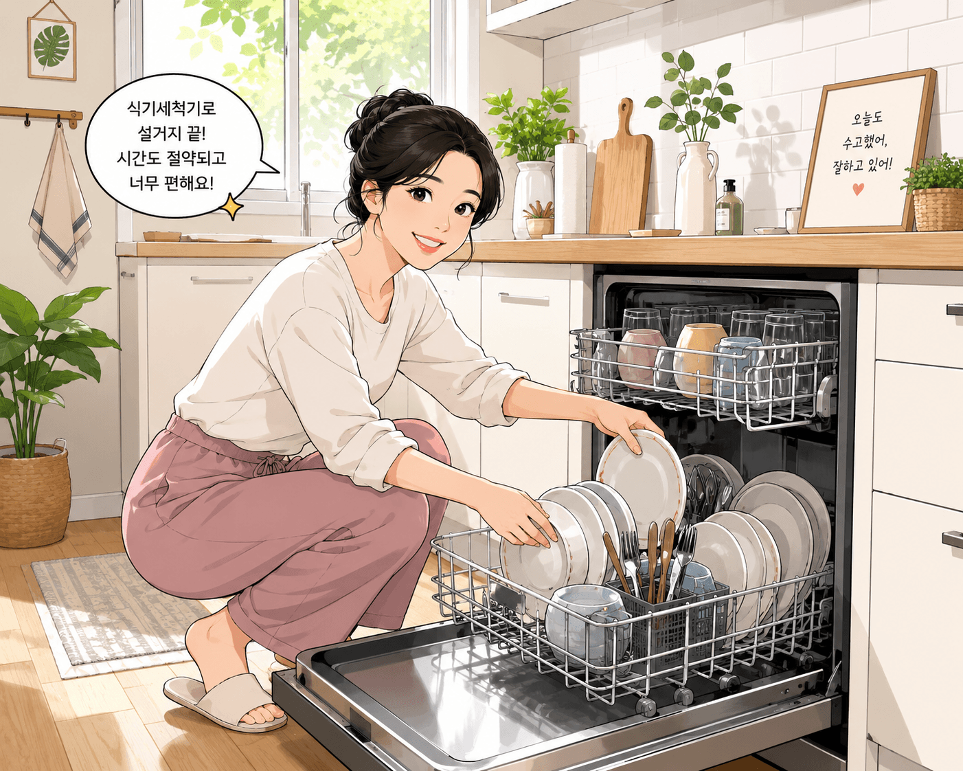 식기세척기를 사용하여 설거지를 하는 여성의 모습. 주방에서 편리하게 요리를 마친 후, 식기를 정리하고 있는 장면으로, 현대적인 주방 인테리어와 함께 효율적인 가전제품의 사용을 강조.