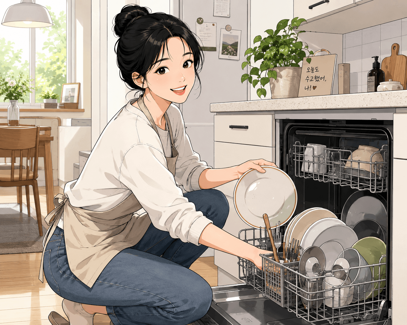 주방에서 식기세척기에 접시를 정리하는 여성의 모습, 현대적인 인테리어와 자연광이 강조된 따뜻한 분위기.