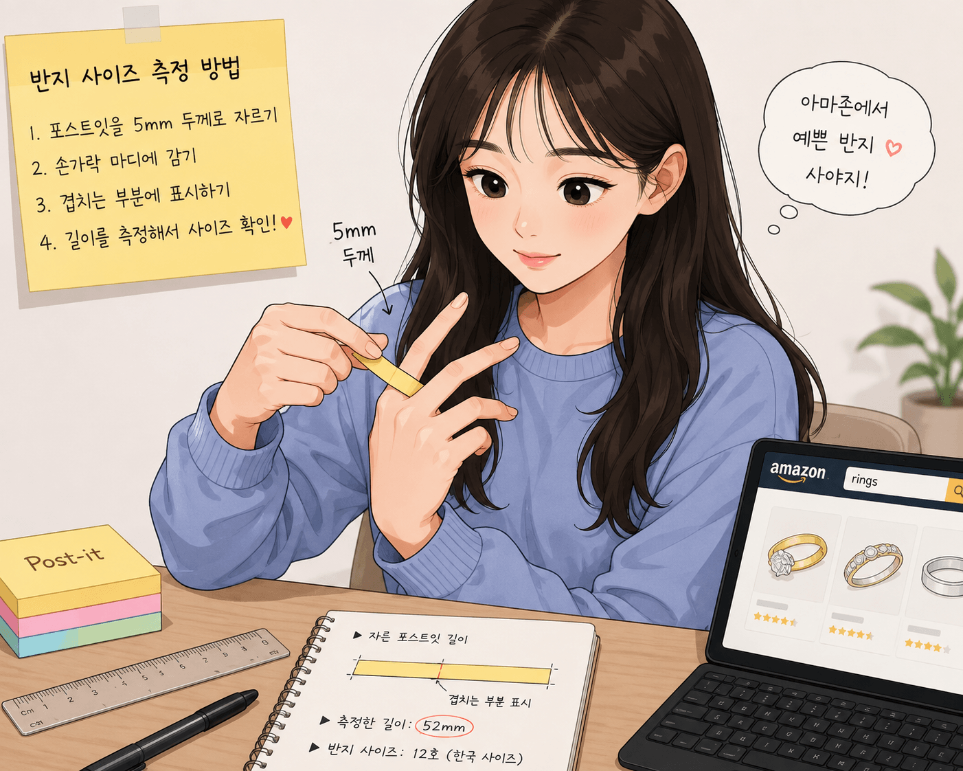 반지 사이즈 측정 방법을 설명하는 여성, 손가락에 포스트잇을 감고 있으며, 측정 길이는 52mm로 표시됨. 배경에는 아마존 반지 검색 화면과 포스트잇, 노트가 있음.