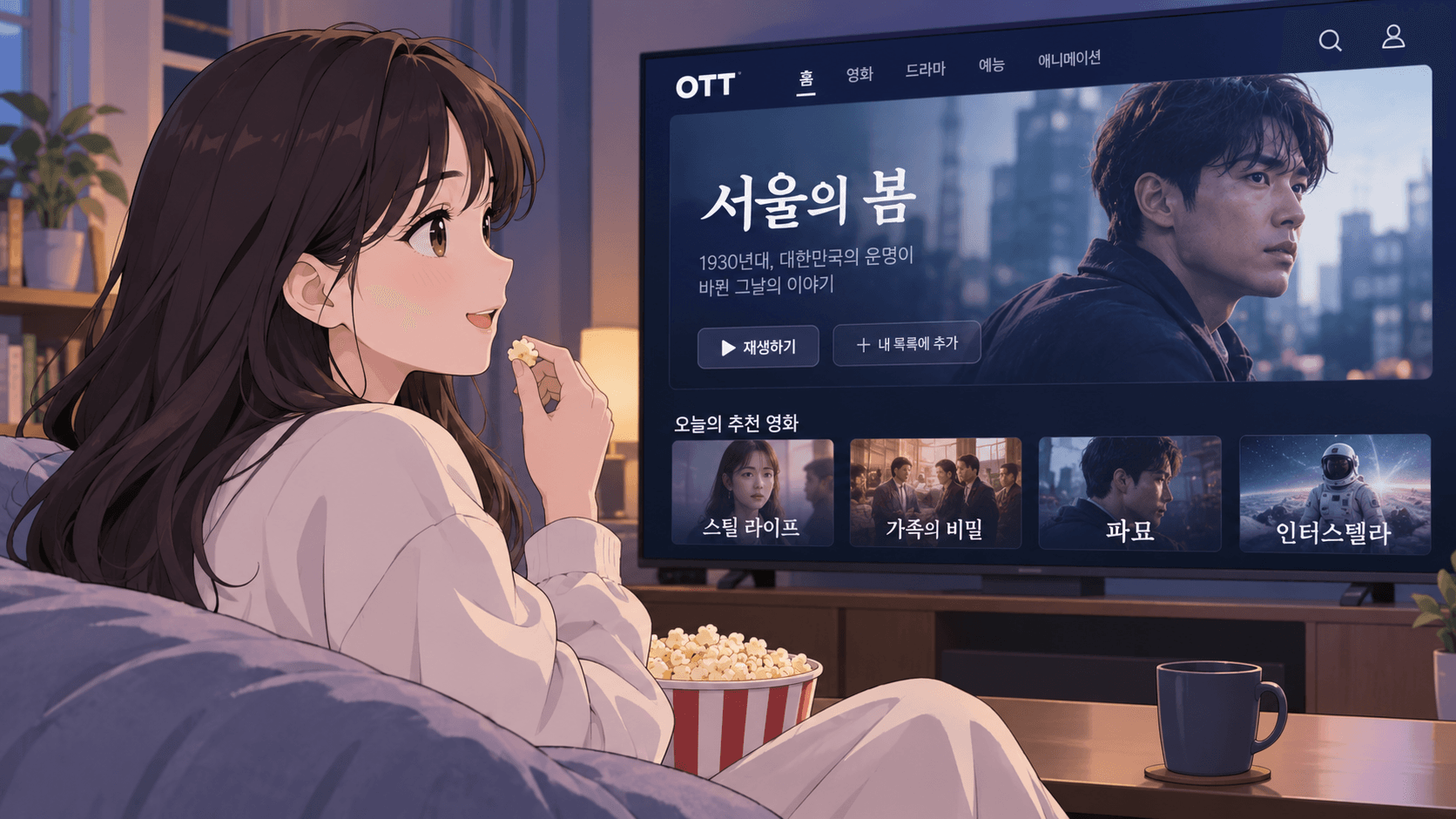 여성이 소파에 앉아 팝콘을 먹으며 OTT 플랫폼에서 '서울의 봄'을 시청하는 모습, 추천 영화 목록이 화면에 표시됨.