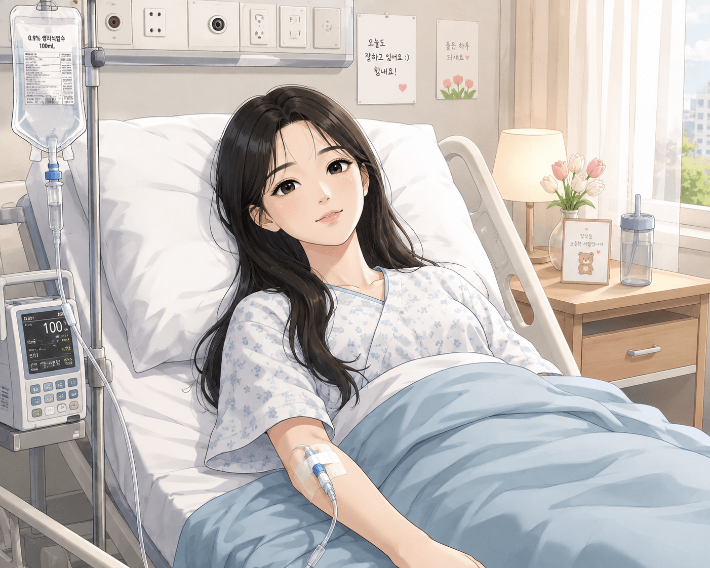 병원 침대에 누워 있는 여성 환자가 IV 수액을 맞고 있으며, 화창한 날씨의 창문 옆에서 미소를 짓고 있는 모습. 환자의 상태와 의료비 환급에 관한 정보 제공 페이지와 관련이 있음.