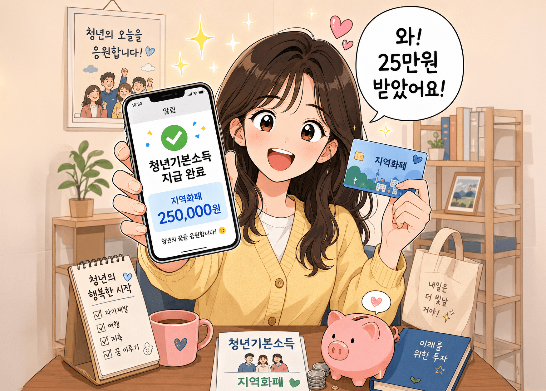청년기본소득 지급 완료를 알리는 스마트폰을 들고 기뻐하는 여성, 25만 원 수령을 표현하며 주변에 저축 통장과 관련 서류가 배치된 모습.
