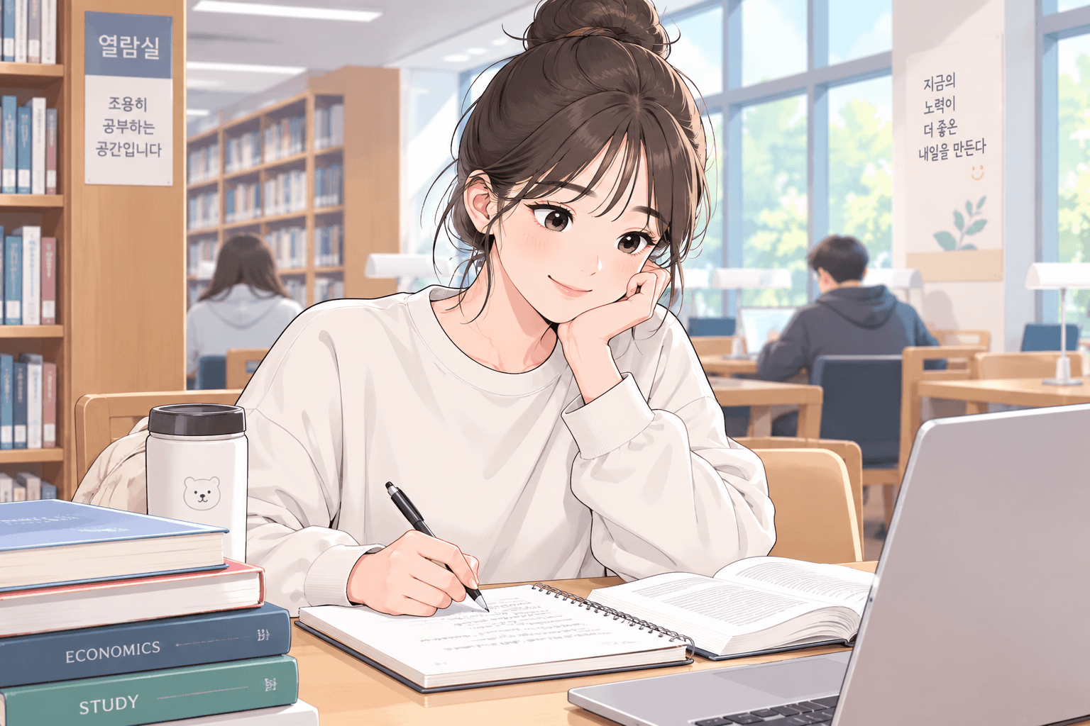 도서관에서 공부하는 젊은 여성, 노트에 필기하며 집중하는 모습. 주변에는 여러 권의 책과 커피 텀블러가 놓여 있음.