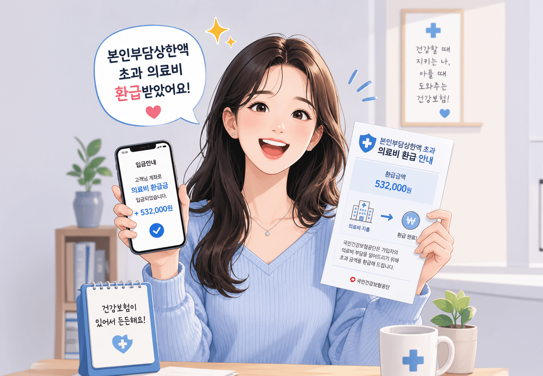 2026 본인부담상한액 초과 의료비 환급금 안내를 받고 기뻐하는 여성의 모습, 손에 스마트폰과 환급금 안내서를 들고 있으며, 환급금 금액 532,000원이 강조되어 있음. 배경에는 건강보험 관련 정보가 있는 책상이 보임.