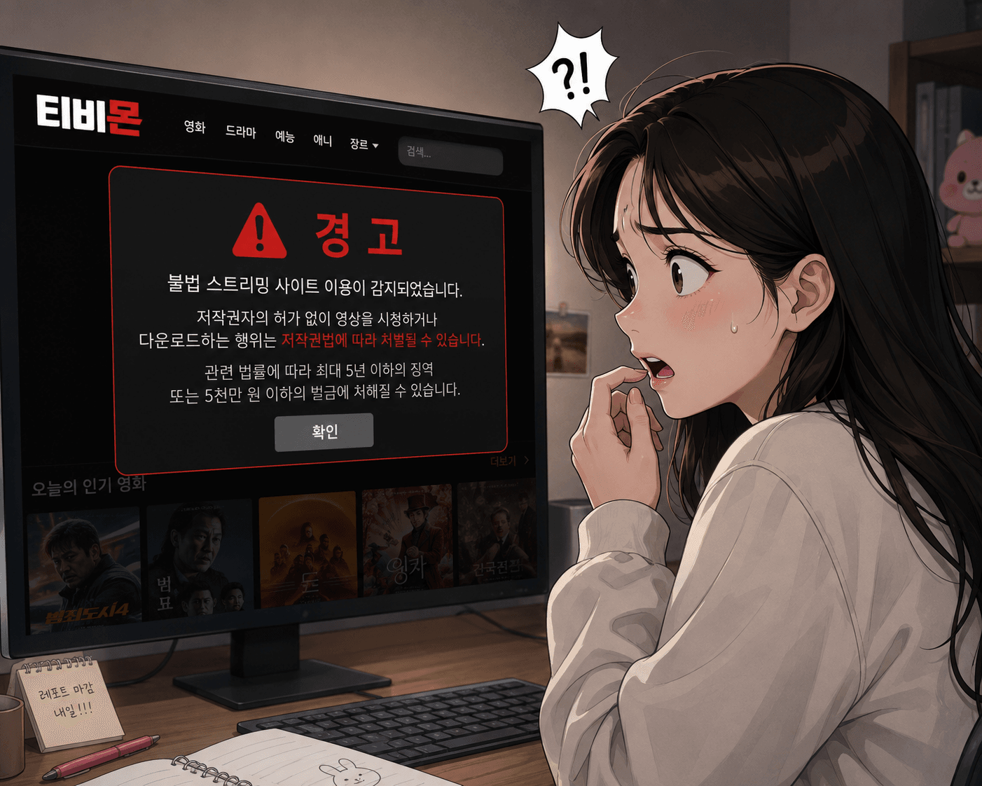티비몬 웹사이트에서 불법 스트리밍 경고 메시지를 보고 놀란 여성의 모습. 화면에는 저작권 관련 경고와 법적 처벌에 대한 정보가 표시되어 있음.