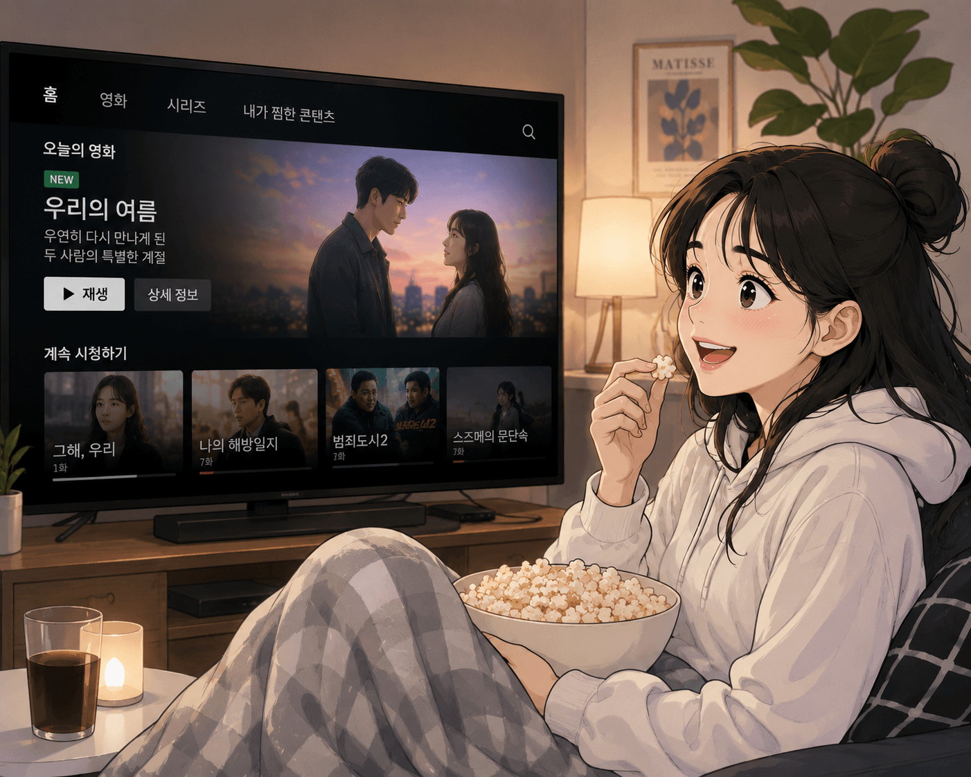 집에서 편안하게 영화를 즐기는 여성, 대형 TV 화면에는 '우리의 여름'이라는 제목의 드라마가 표시되어 있으며, 팝콘을 들고 행복한 표정을 짓고 있는 모습.