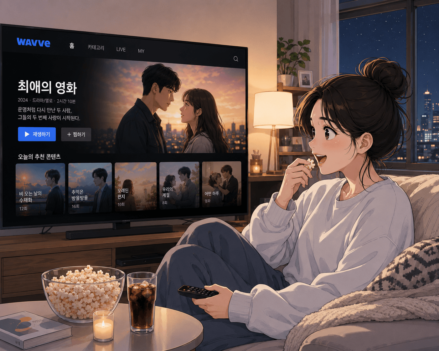 WAVVE에서 드라마를 시청하며 팝콘을 먹고 있는 여성의 모습. 배경에는 도시 야경과 함께 TV 화면에 드라마 정보가 표시되어 있음.