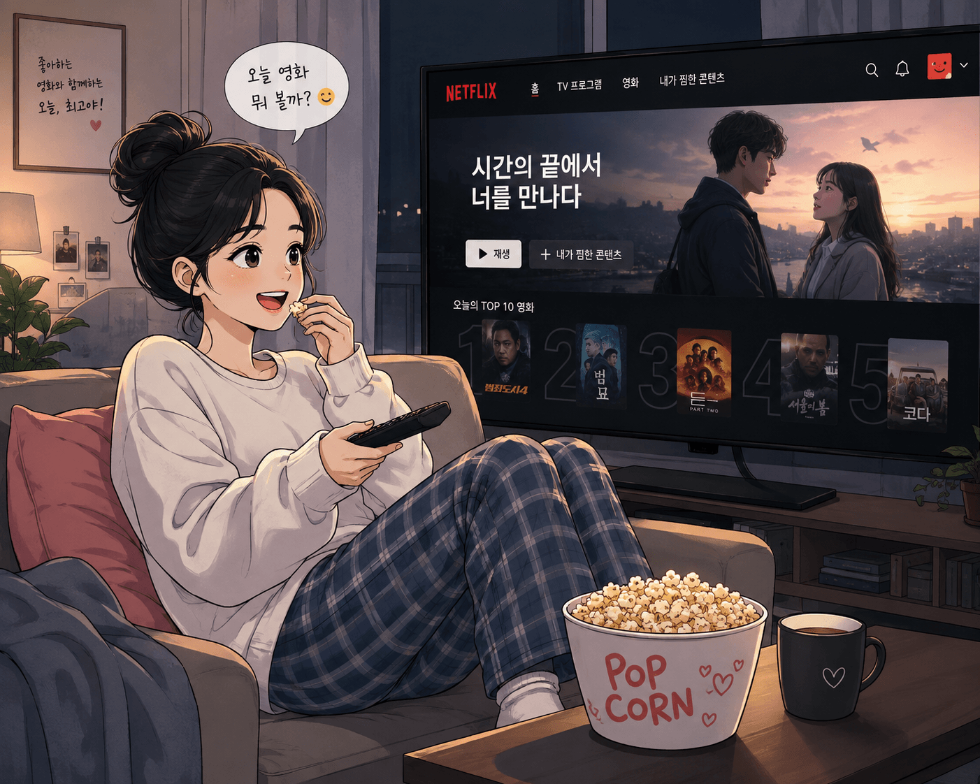 넷플릭스 화면을 보며 영화를 고르는 여성 캐릭터, 편안한 집안 분위기와 팝콘, 커피가 있는 소파에서 즐거운 시간을 보내는 모습.