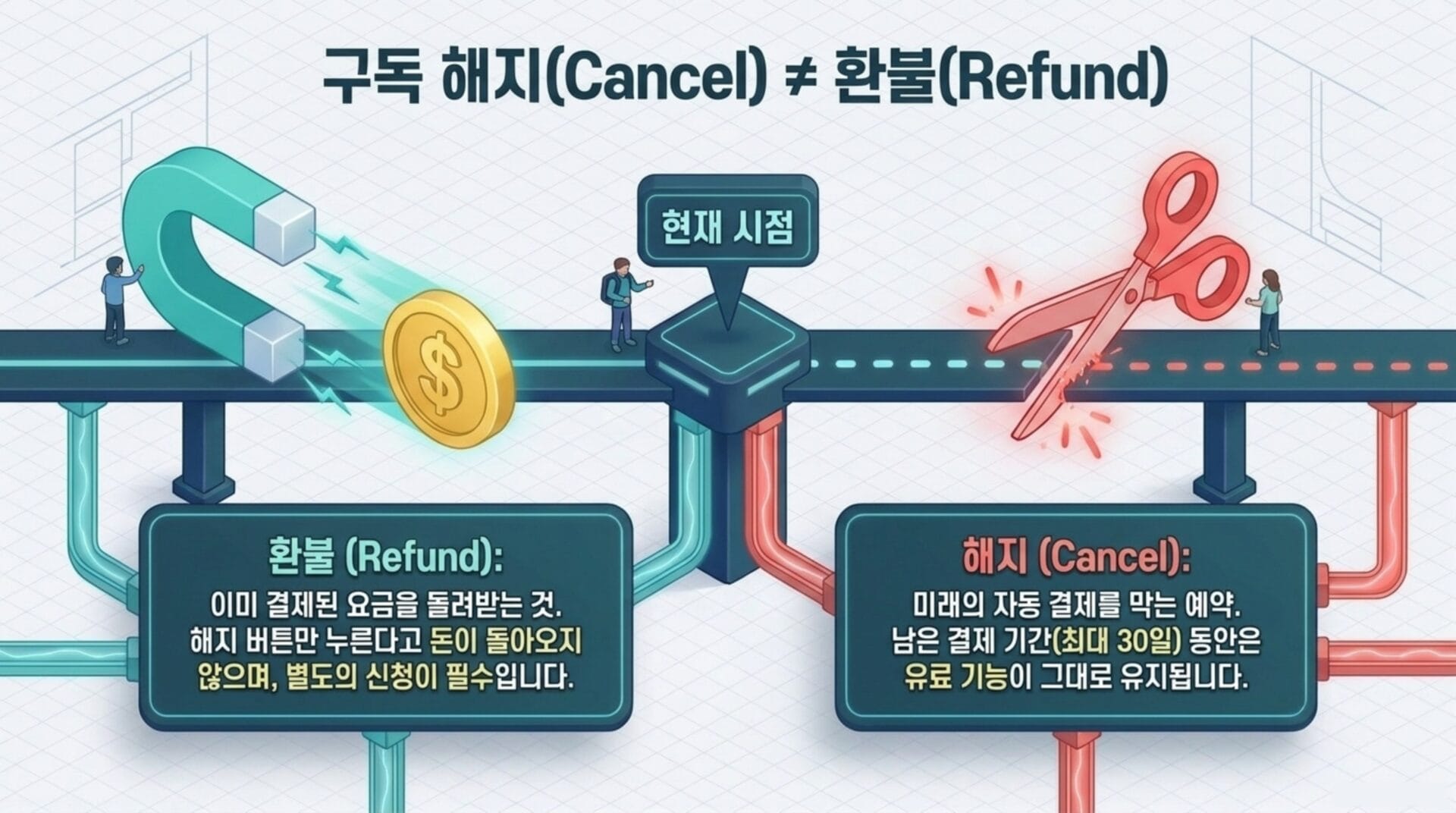 챗GPT 플러스 구독 해지와 환불의 차이를 설명하는 이미지로, 왼쪽에는 환불 프로세스와 금액 반환을 나타내는 아이콘이 있으며, 오른쪽에는 구독 해지와 자동 결제 중단을 나타내는 가위 아이콘이 포함되어 있다. 중앙에는 현재 시점이 표시되어 있어 두 개념의 구분을 강조한다.