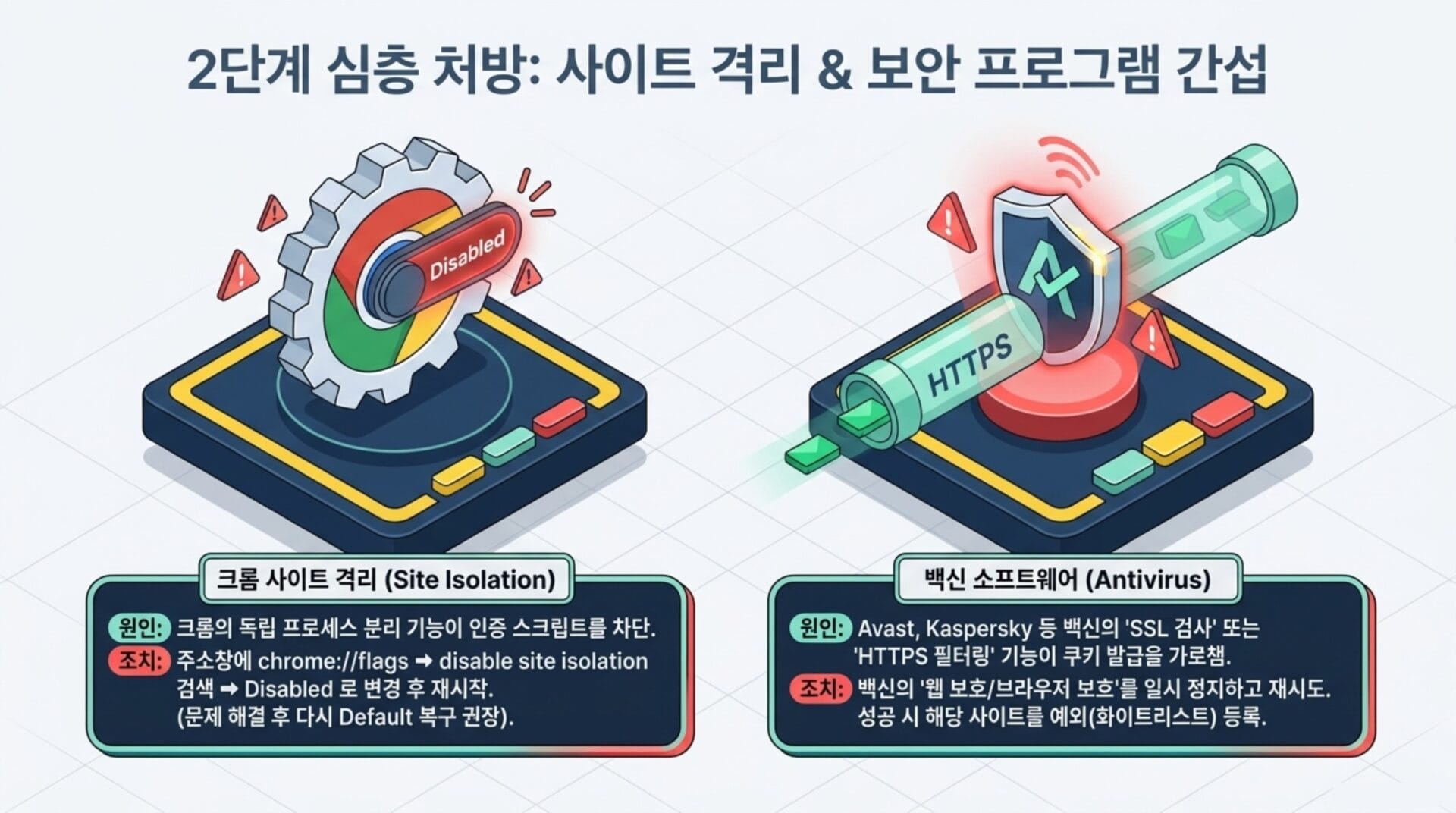 클라우드플레어 사람인지 확인 무한 로딩 해결법을 설명하는 이미지로, 크롬 사이트 격리 기능 비활성화와 백신 소프트웨어 설정 조정을 안내하는 내용을 포함하고 있습니다. 각 문제의 원인과 해결 방법이 시각적으로 표현되어 있습니다.