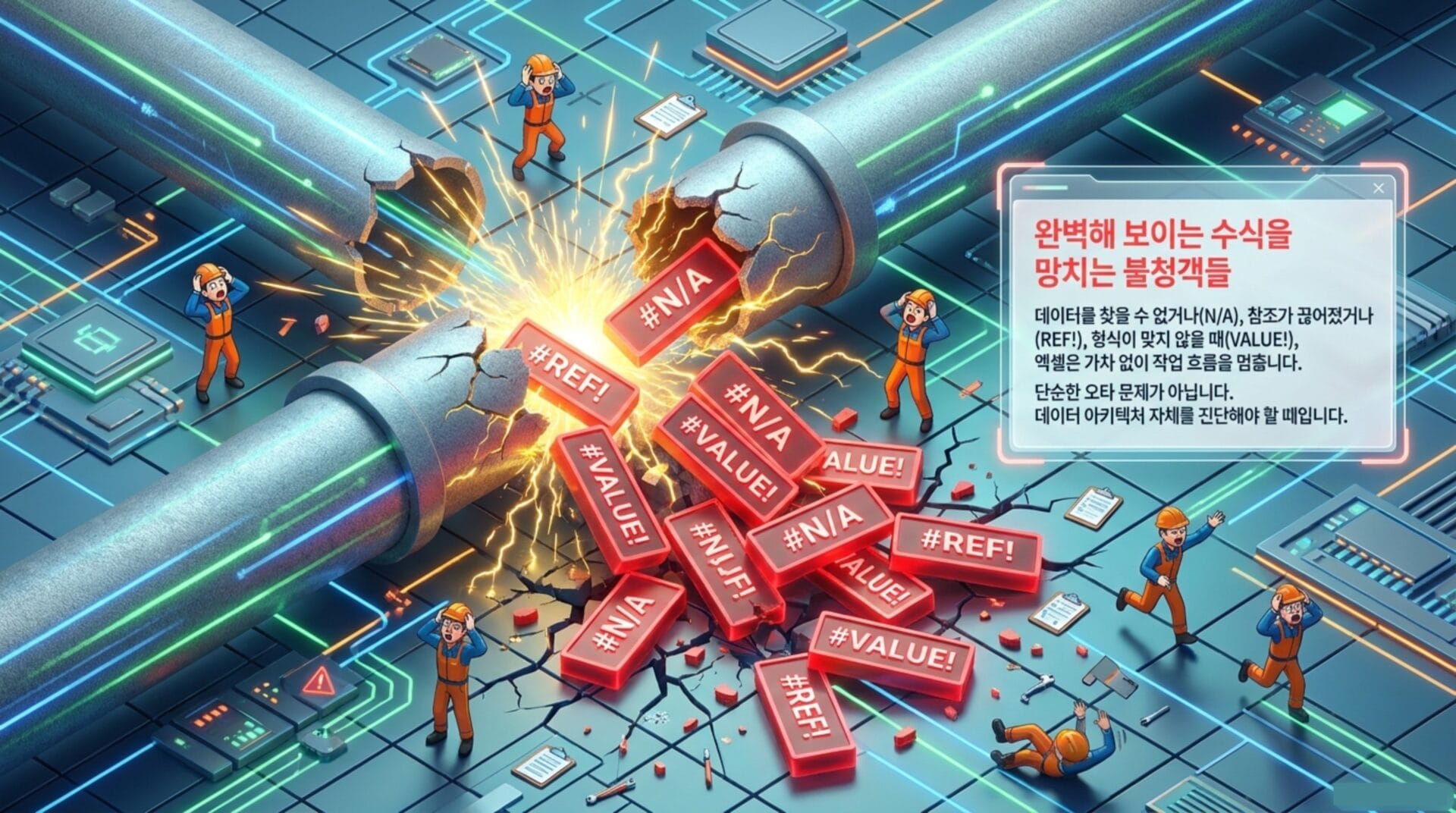 엑셀 VLOOKUP 오류와 관련된 #N/A, #REF!, #VALUE! 오류 메시지로 고통받는 작업자들이 보이는 일러스트. 데이터 오류 문제를 해결하기 위한 가이드를 나타냄.