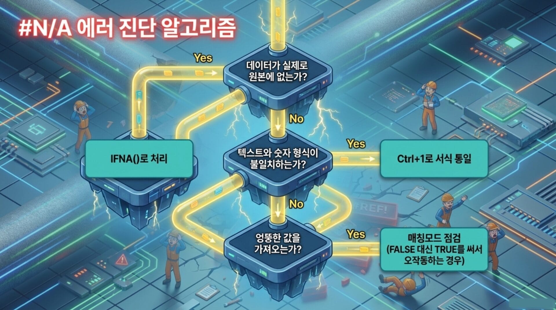 엑셀 VLOOKUP 오류 #N/A 해결을 위한 알고리즘 흐름도, IFNA() 함수 및 데이터 형식 확인 방법, Ctrl+1 서식 통일 절차 포함.