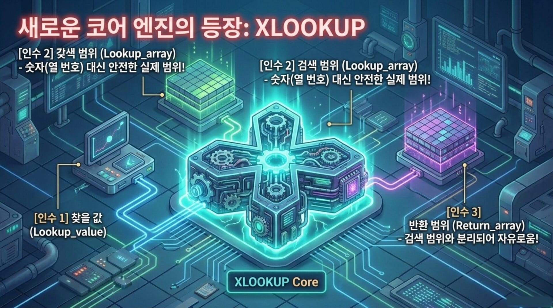 XLOOKUP 함수의 구조를 설명하는 일러스트로, 찾을 값, 갯색 범위, 반환 범위의 요소를 시각적으로 표현하고 있으며, 엑셀 VLOOKUP 대체 기능을 강조하고 있습니다.