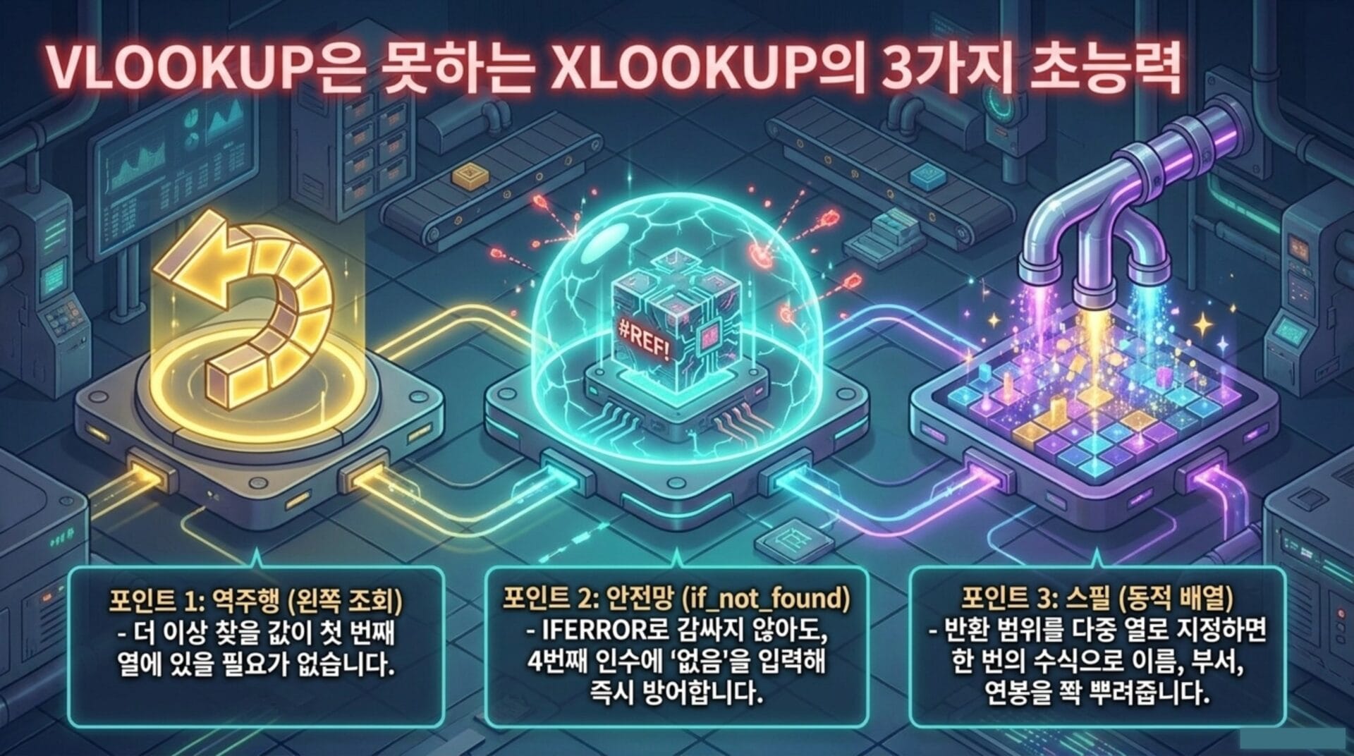VLOOKUP의 한계를 극복하는 XLOOKUP의 세 가지 장점과 관련된 이미지로, 각 포인트는 데이터 검색의 효율성을 높이는 방법을 설명합니다. 포인트 1은 역주행, 포인트 2는 안전망, 포인트 3은 스필 기능을 강조합니다.