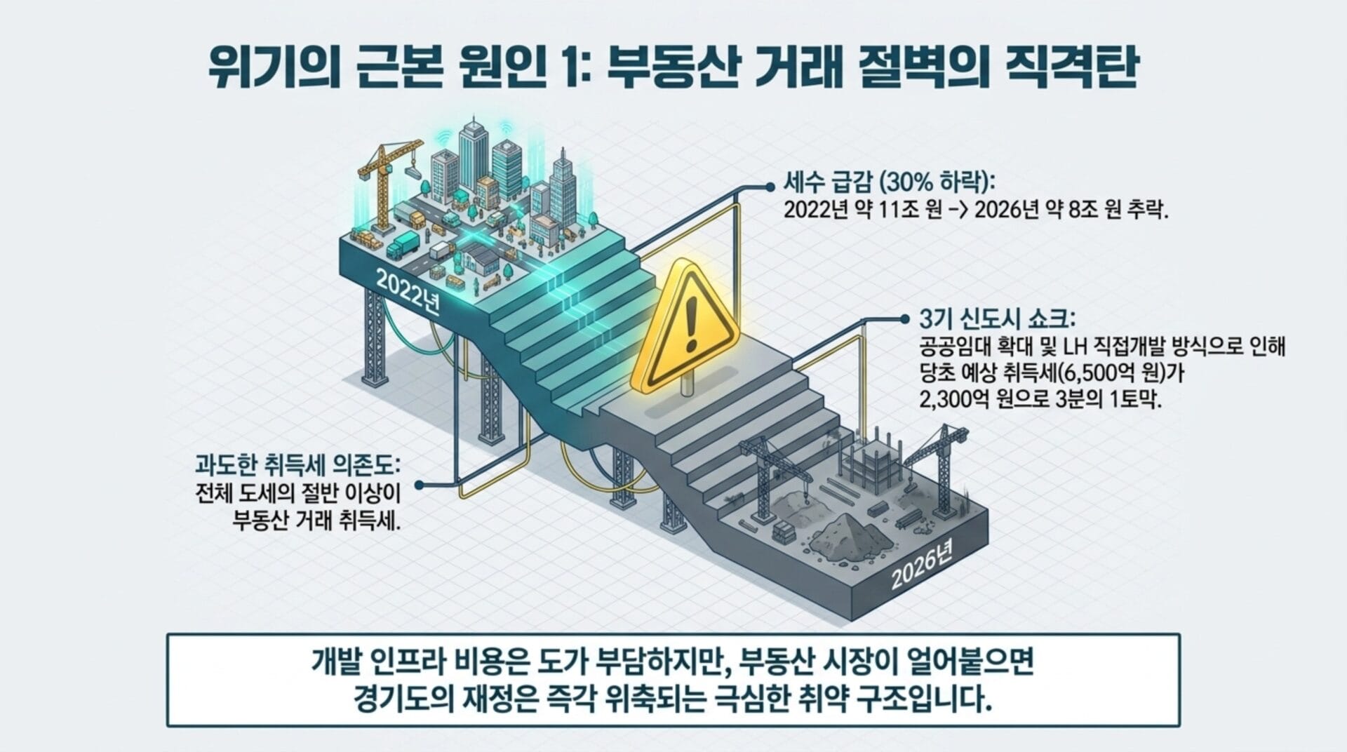 부동산 거래 절벽과 경기도 재정 위기를 설명하는 인포그래픽, 2022년과 2026년의 재정 변화, 세수 감소와 신도시 개발 예측 포함.