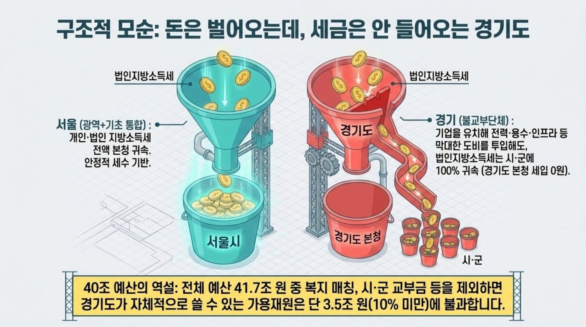 경기도 재정 부도 상황을 설명하는 인포그래픽으로, 서울과 경기도의 세금 수입 차이를 시각적으로 나타냄. 서울은 안정적인 세수 기반을 갖춘 반면, 경기도는 법인 지방소득세가 시군에 100% 귀속되지 않는 구조를 보여줌. 전체 예산과 가용 재원에 대한 정보도 포함됨.