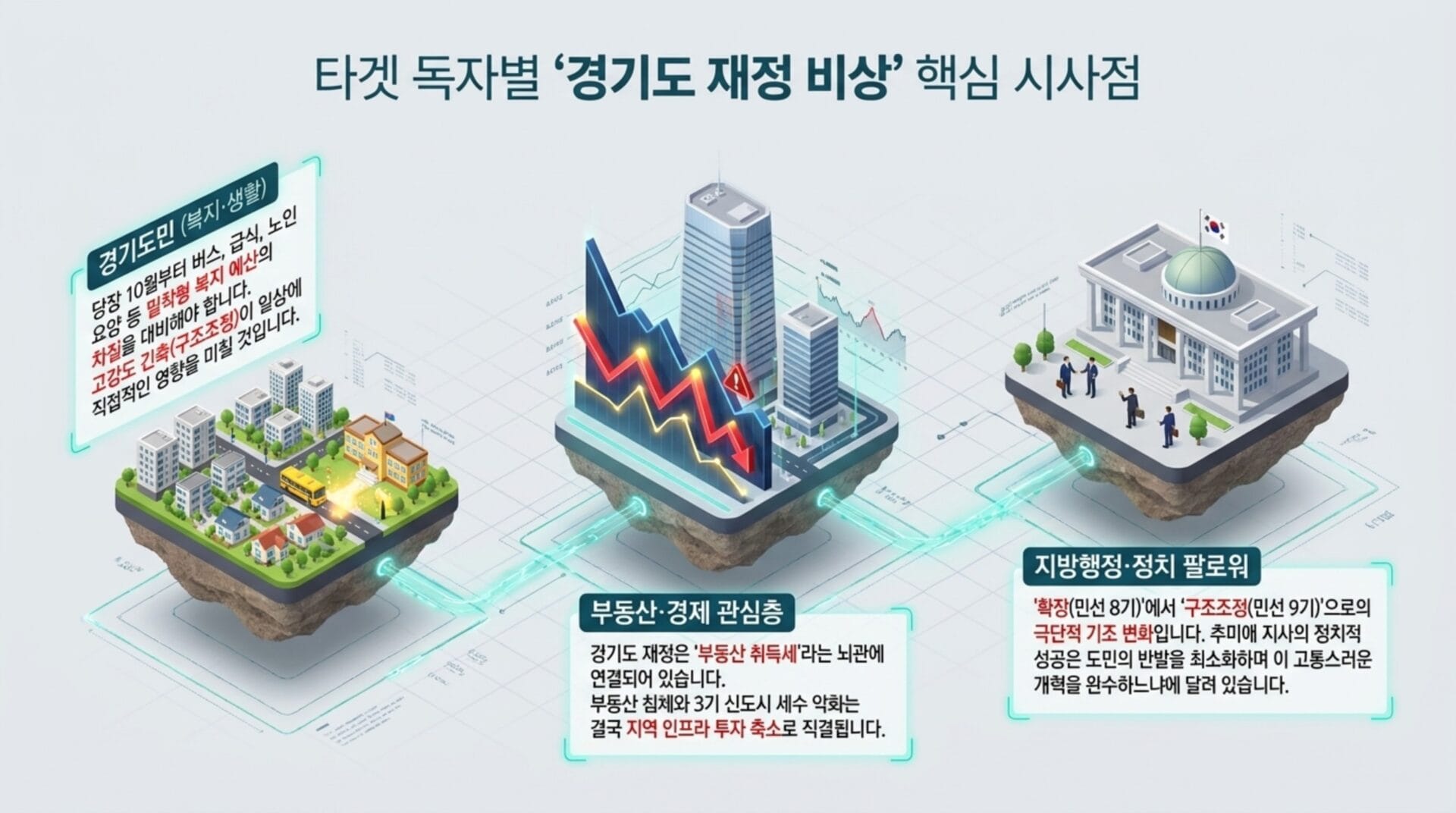 경기도 재정 비상 상황을 설명하는 인포그래픽으로, 부동산 및 경제 관련 그래프와 정부 건물 이미지가 포함되어 있다. 재정 위기와 지방 행정의 중요성을 강조하며, 경기도민의 복지에 미치는 영향을 시각적으로 나타내고 있다.