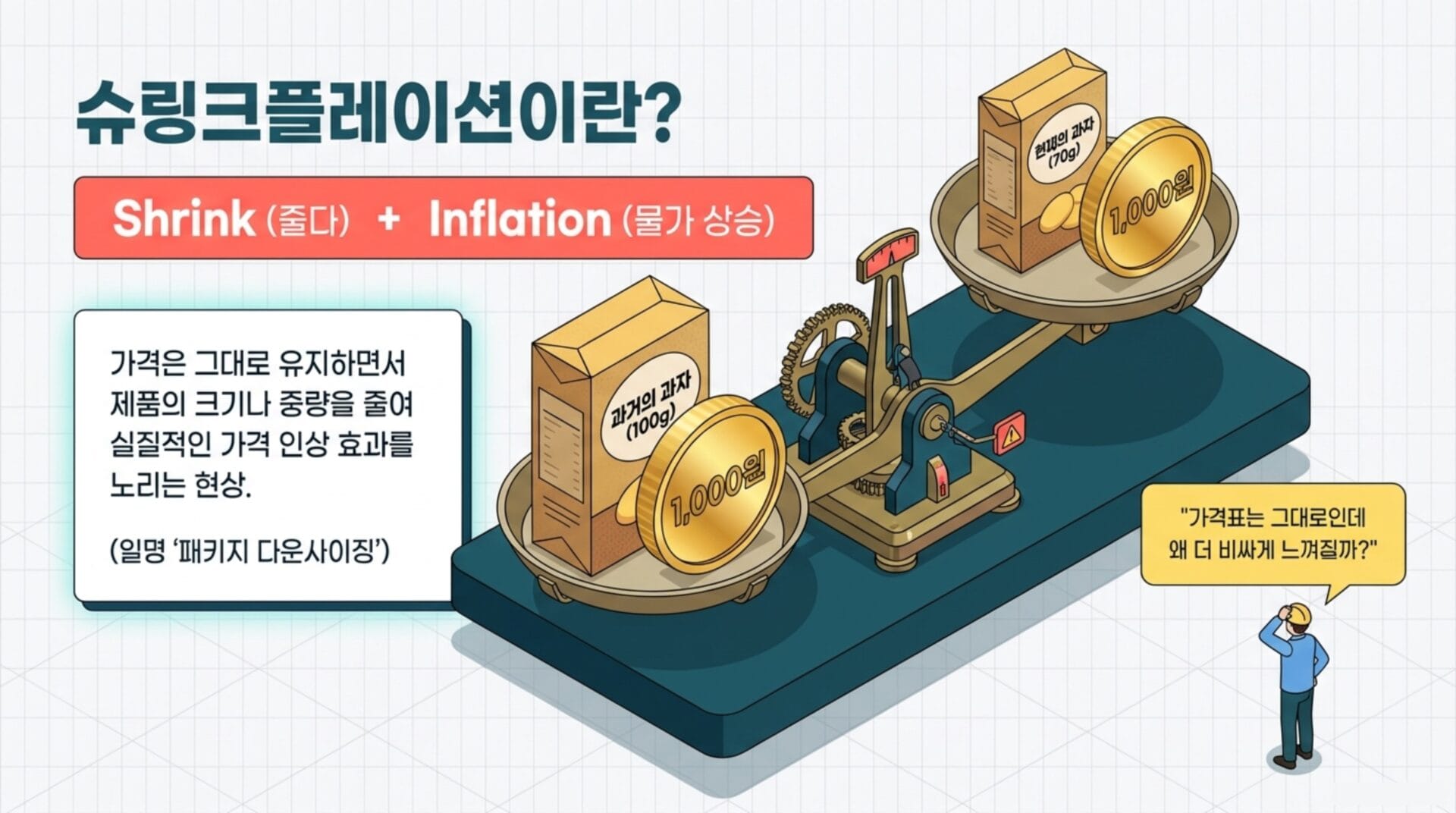 슈링크플레이션 개념을 설명하는 이미지로, 가격은 유지되지만 제품의 크기나 양이 줄어드는 현상을 시각적으로 나타냄. 스케일 위에 100g과 70g의 제품이 각각 1,000원으로 표시되어 있어 소비자에게 가격 대비 실질적인 가치 감소를 전달.