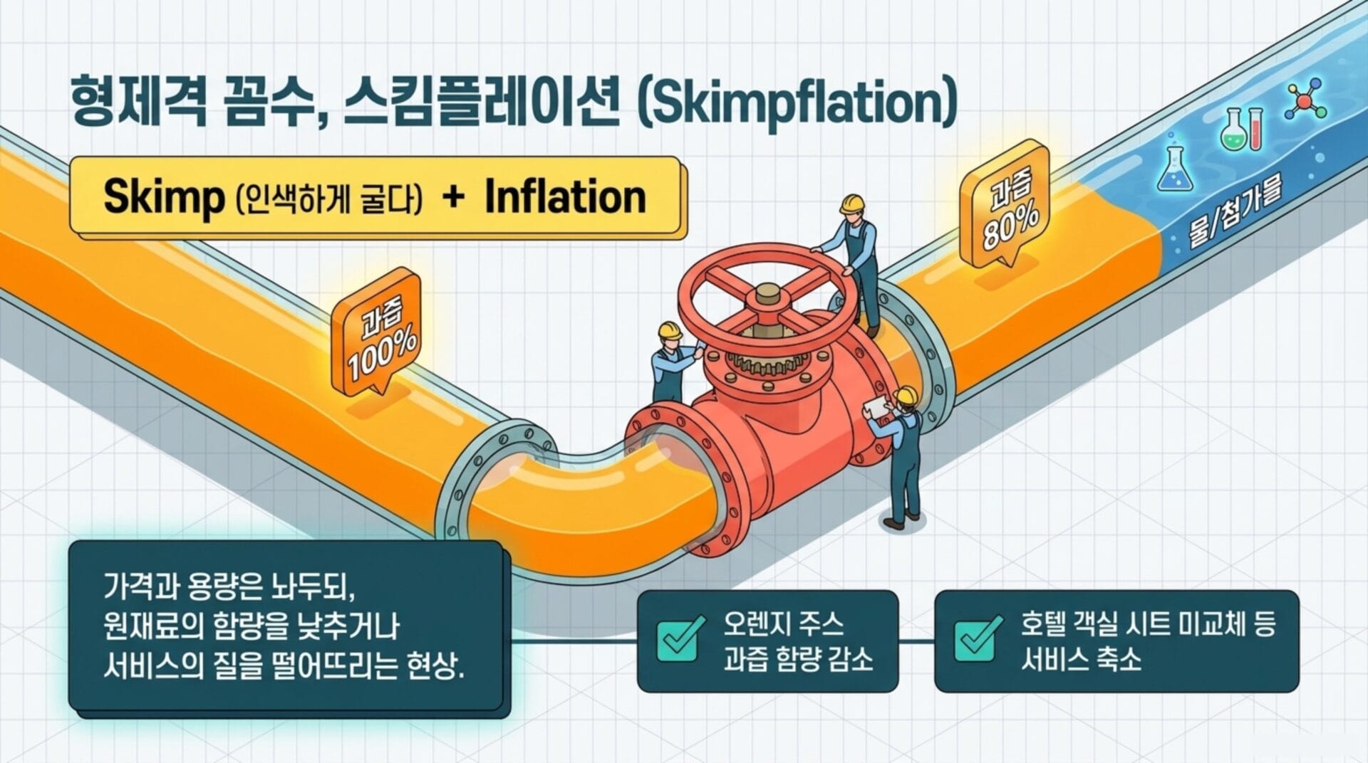 형제격 곰수와 스킴플레이션(슈링크플레이션) 개념을 설명하는 인포그래픽, 가격과 용량 감소 현상 및 원재료와 서비스 품질 저하를 시각적으로 나타냄.