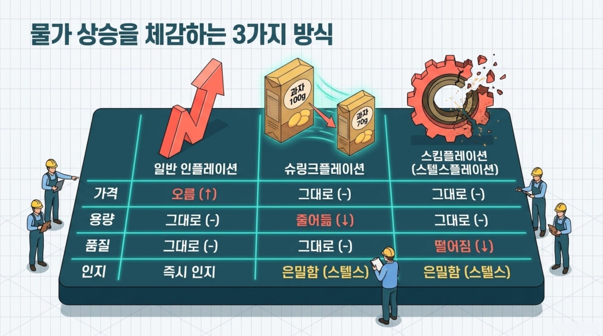 물가 상승을 설명하는 인플레이션, 슈링크플레이션, 스틸스플레이션의 차이를 나타낸 인포그래픽. 가격, 용량, 품질, 인지 등의 요소를 비교하여 각 개념의 특징을 시각적으로 설명.