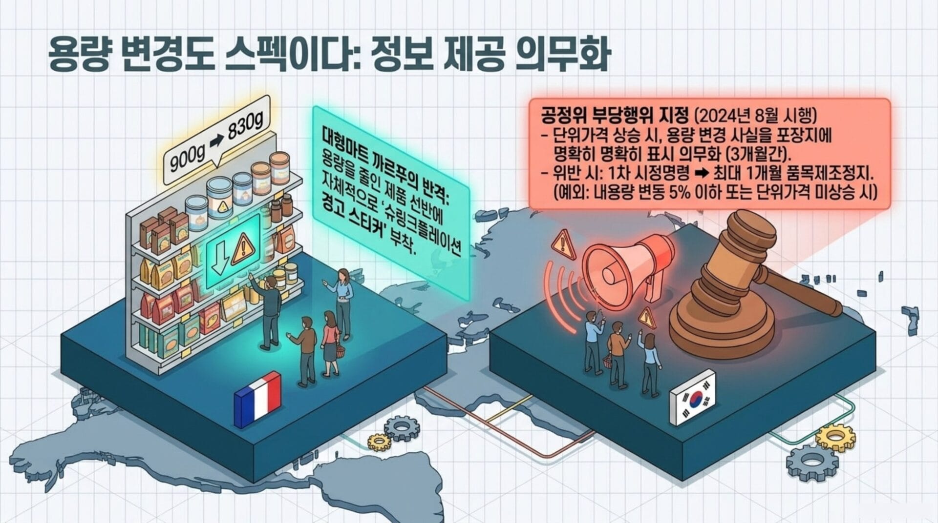 슈링크플레이션을 설명하는 인포그래픽으로, 제품의 양 감소와 가격 변동에 대한 정보 제공 의무화 내용을 시각적으로 나타내고 있으며, 소비자와 기업의 상호작용을 보여준다.