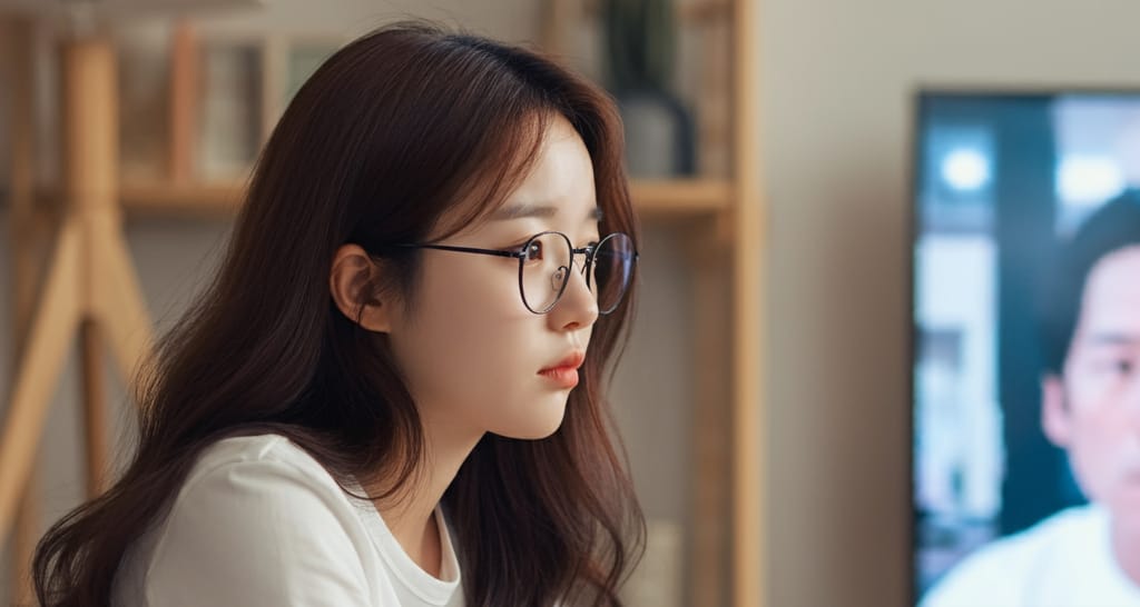 집에서 티비를 보는 여성