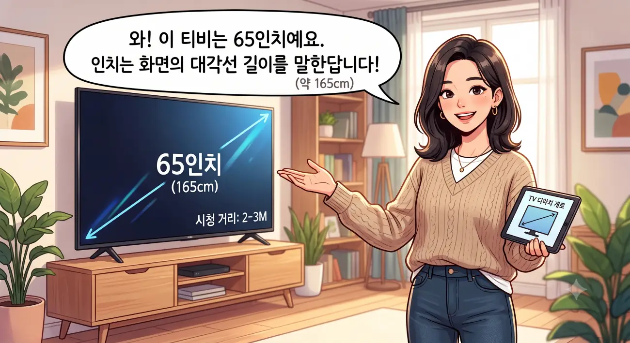 65인치(약 165cm) TV를 소개하는 여성, TV 화면 크기와 적정 시청 거리(2-3m)에 대한 설명이 포함된 이미지.