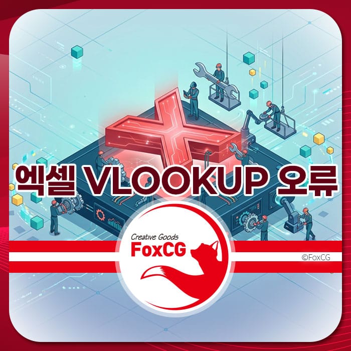 엑셀 VLOOKUP 오류와 관련된 이미지로, 오류를 해결하기 위해 작업하는 여러 사람들과 기계가 등장하며, 중앙에는 큰 빨간색 X가 강조되어 있음. XLOOKUP 함수 대체에 대한 가이드와 관련된 내용.