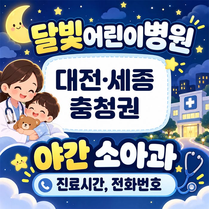 대전·세종·충청권 달빛어린이병원 야간 소아과 진료시간 및 전화번호 안내 이미지, 어린이와 의사가 함께 있는 모습.