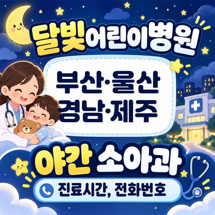 부산, 울산, 경남, 제주 지역의 달빛어린이병원 야간 소아과 진료시간과 전화번호 안내 이미지.