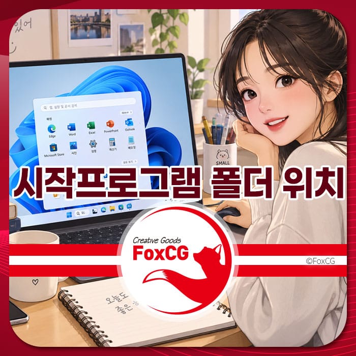 윈도우 10과 11의 시작 프로그램 폴더 위치를 찾는 방법을 설명하는 이미지로, 노트북 화면에 다양한 프로그램 아이콘이 표시되어 있으며, 여성 캐릭터가 컴퓨터 작업을 하고 있는 모습이 담겨 있다.