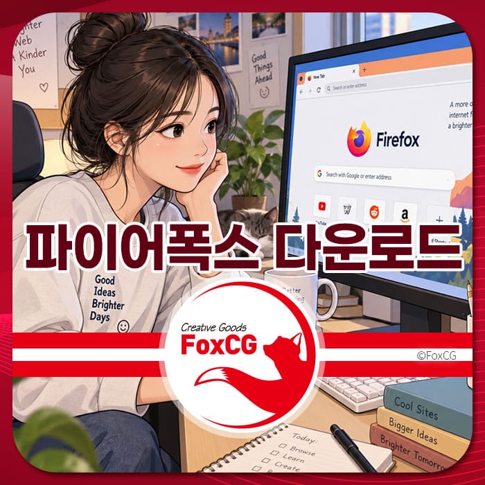 파이어폭스 다운로드 페이지를 홍보하는 이미지로, 컴퓨터 앞에서 생각에 잠긴 여성과 Firefox 브라우저 화면이 포함되어 있습니다.