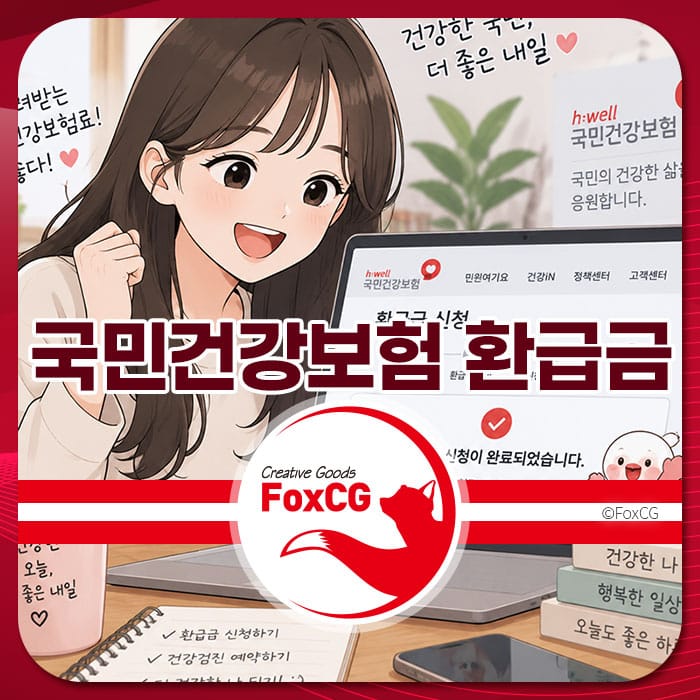 국민건강보험 환급금 신청 방법을 설명하는 이미지로, 컴퓨터 화면에 신청 완료 메시지가 보이며, 행복한 표정의 여성 캐릭터가 등장해 건강한 삶을 응원하는 요소가 포함되어 있습니다.
