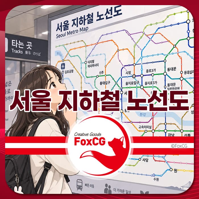 서울 지하철 노선도를 바라보는 여성 캐릭터와 함께 최신 서울 수도권 지하철 노선도 정보 제공. 2026년 버전 PDF 다운로드 안내.
