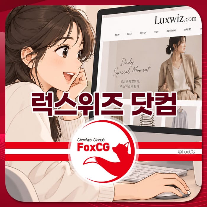 럭스위즈 웹사이트를 탐색하는 여성 캐릭터의 일러스트, 고객센터 영업시간 정보를 안내하는 페이지에 적합한 이미지.