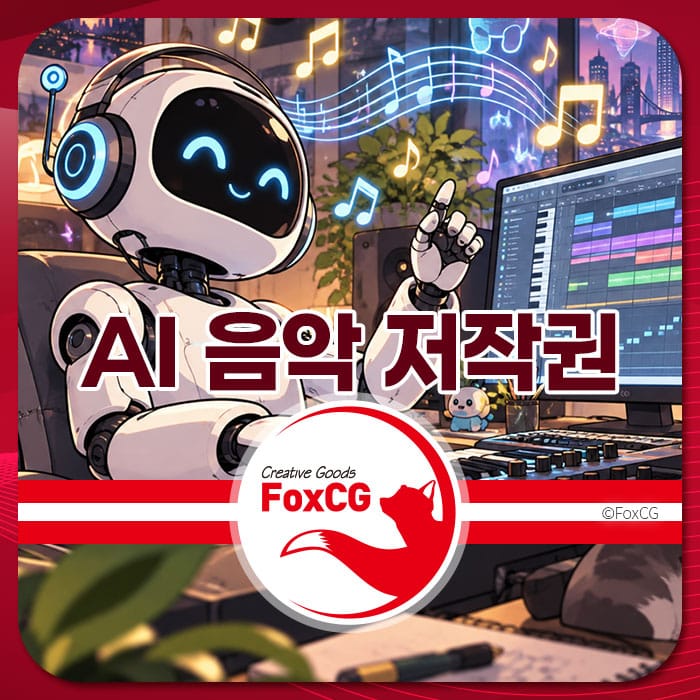 AI 음악 저작권 등록을 주제로 한 이미지로, 음악을 제작하는 로봇이 컴퓨터 앞에서 작업 중인 모습. 배경에는 음악 노트와 그래픽 소프트웨어 인터페이스가 보이며, FoxCG 로고가 포함되어 있음.