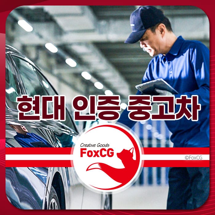 현대자동차 인증 중고차를 점검하는 전문가의 모습, 차량과 함께 중고차 판매 정보 제공.