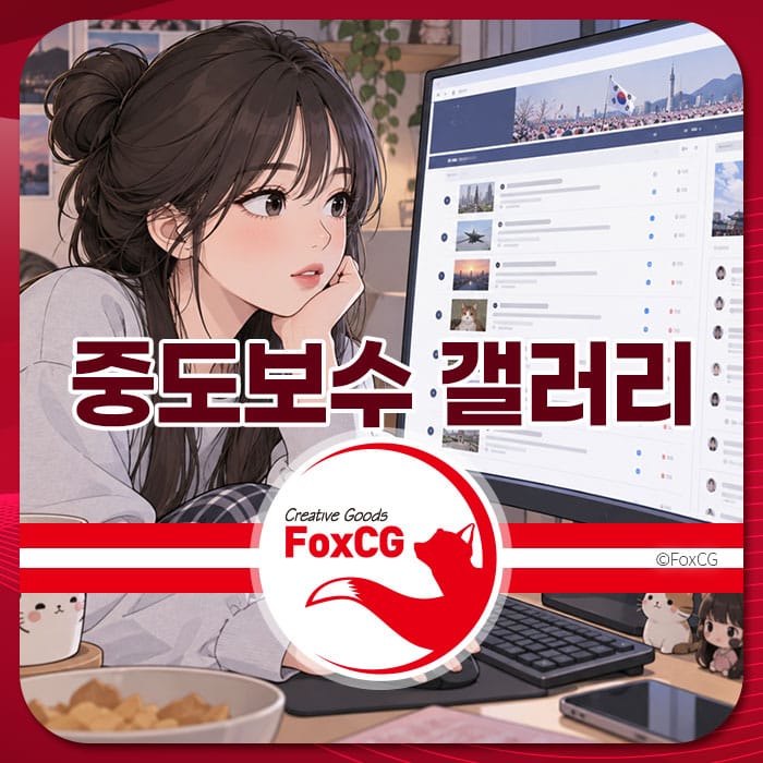 중도보수 갤러리 페이지를 홍보하는 이미지로, 컴퓨터 앞에 앉아 생각에 잠긴 여성 캐릭터가 화면을 바라보고 있으며, 배경에는 한국의 풍경이 보인다.