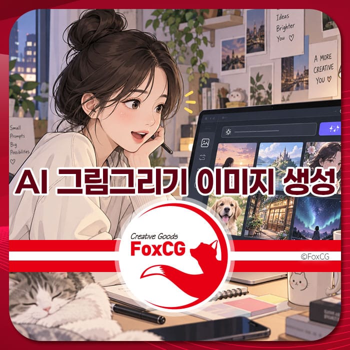 AI 그림 그리기 이미지 생성 프롬프트를 작성하는 방법을 설명하는 페이지에 적합한 이미지로, 여성 캐릭터가 디지털 기기를 사용하여 창의적인 아이디어를 구상하는 모습이 담겨 있습니다. 배경에는 다양한 이미지와 자료가 있는 작업 공간이 보입니다.