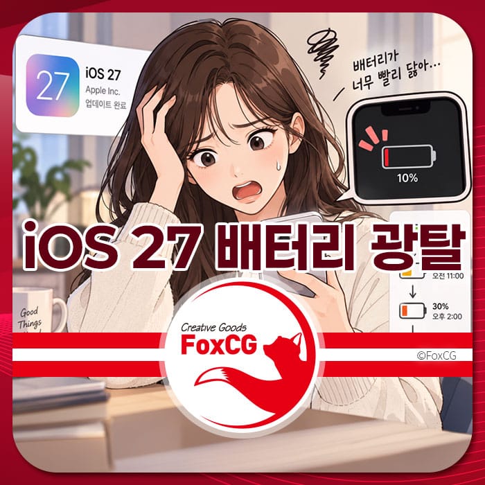 iOS 27 업데이트로 배터리 소모와 발열 문제를 겪고 있는 여성 캐릭터가 스마트폰을 들고 걱정하는 모습. 화면에는 배터리 잔량이 10%로 표시되어 있으며, 업데이트 관련 아이콘이 보임.