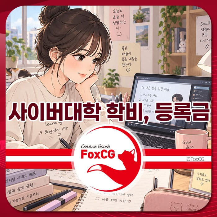 사이버대학에서 학비와 등록금에 대한 정보를 제공하는 페이지를 위한 이미지. 학습 중인 여성이 노트북과 다양한 학습 도구를 사용하며 공부하는 모습이 담겨 있음.