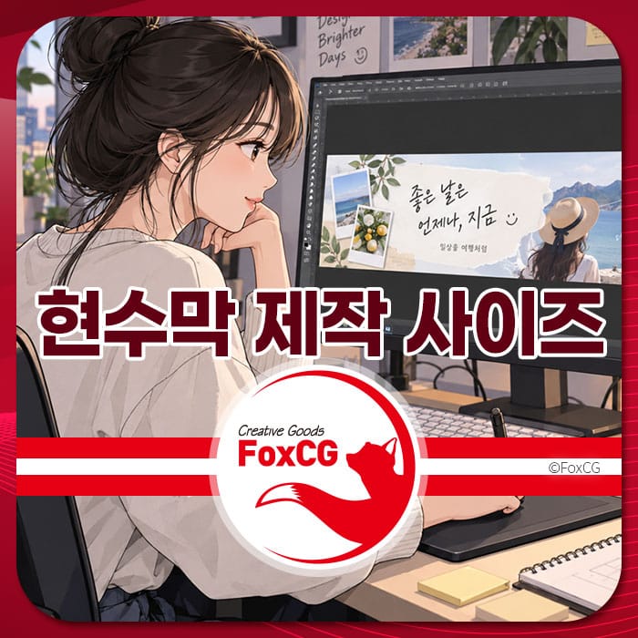 현수막 디자인을 위해 포토샵과 일러스트레이터에서 최적의 해상도와 사이즈를 확인하는 모습, 디지털 작업 환경을 배경으로 한 이미지.