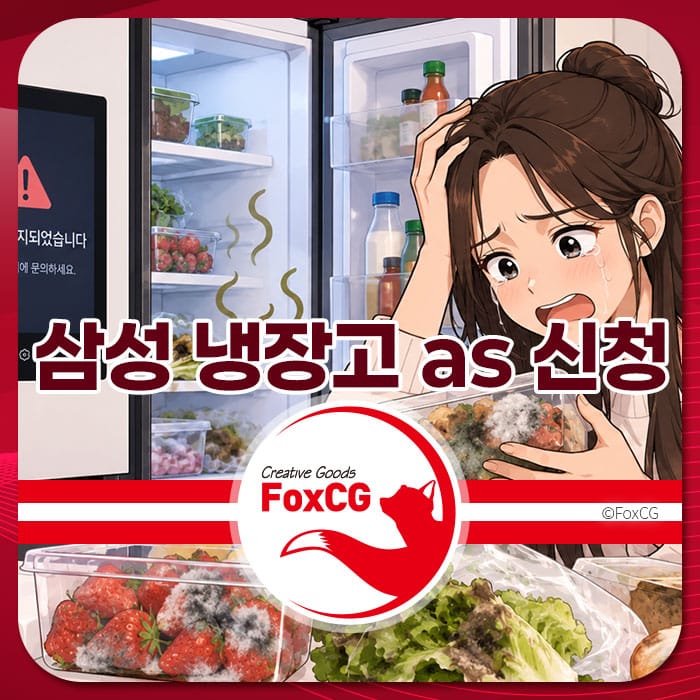 삼성 냉장고 AS 신청 및 예약 방법을 안내하는 이미지로, 고장으로 인해 상한 음식과 함께 걱정하는 여성의 모습이 담겨 있습니다.