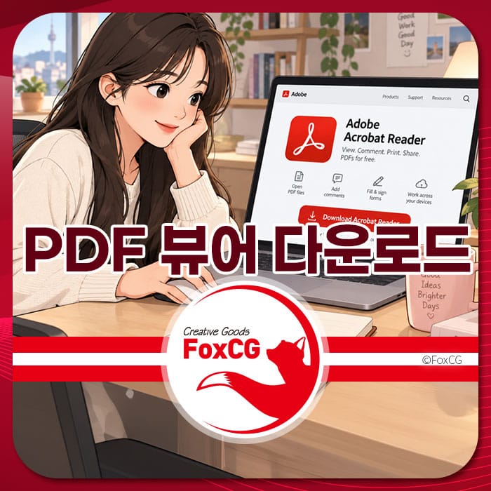 어도비 애크로뱃 리더를 사용하여 PDF 파일을 열고 있는 여성의 모습, PDF 뷰어 다운로드 정보를 제공하는 이미지.