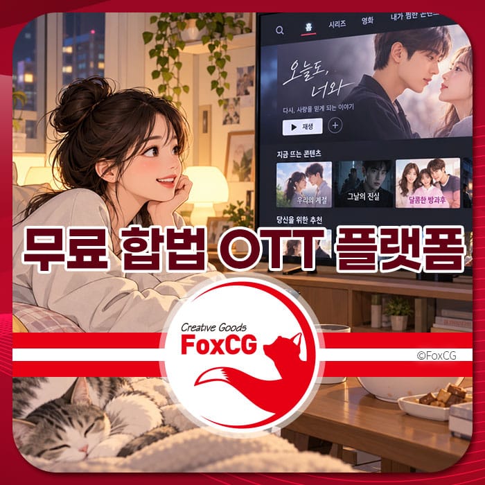 여성이 편안한 환경에서 TV를 보며 무료 합법 OTT 플랫폼을 즐기는 모습, 다양한 콘텐츠 추천을 보여주는 화면과 아늑한 인테리어가 특징인 이미지.