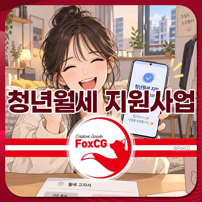 청년월세 지원사업에 대해 설명하는 이미지로, 행복한 표정의 여성 캐릭터가 스마트폰을 들고 있으며, 화면에는 청년월세 지원 관련 정보가 표시되어 있다. 배경은 아늑한 실내 공간으로, 월세 고지서가 테이블 위에 놓여 있다.