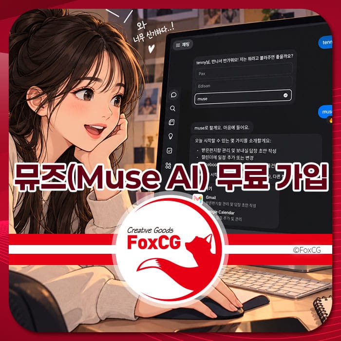뮤즈(Muse AI) 무료 가입을 안내하는 이미지로, 사용자가 AI와 소통하며 흥미로운 질문을 하고 있는 모습이 담겨 있습니다. 화면에는 뮤즈와 관련된 채팅 내용이 표시되어 있습니다.