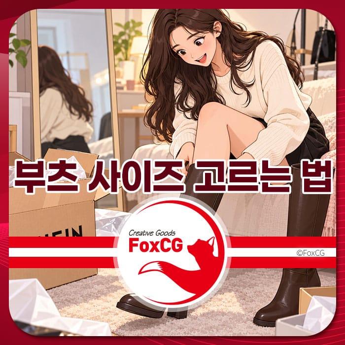 부츠 사이즈를 선택하는 방법을 설명하는 이미지, 여성 캐릭터가 거울 앞에서 부츠를 신어보는 모습. 배경에는 박스와 소파가 있으며, 부츠 선택에 대한 팁을 제공하는 내용과 연결됨.