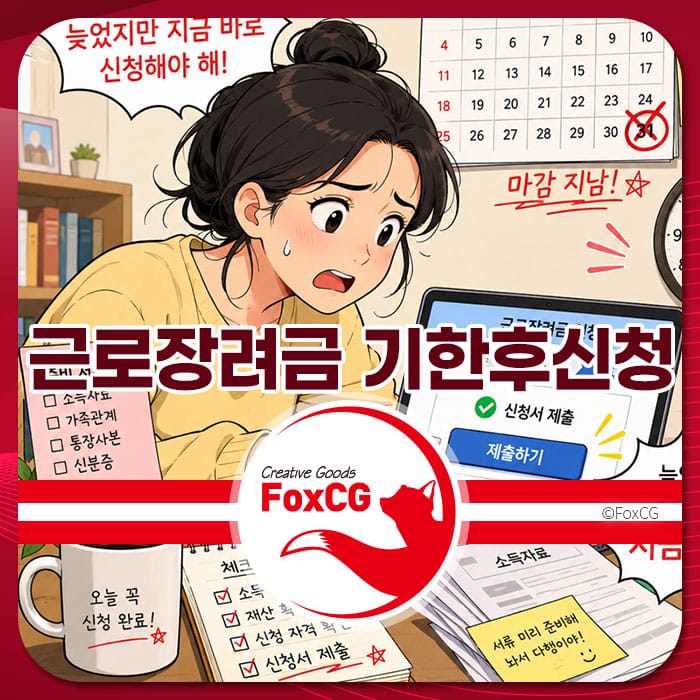 근로장려금 기한후신청에 대한 긴급성을 나타내는 이미지로, 신청 마감일을 놓친 여성 캐릭터가 서류와 체크리스트를 확인하며 불안해하는 모습이 담겨 있다. 배경에는 신청서 제출 화면과 관련 문서가 보인다.