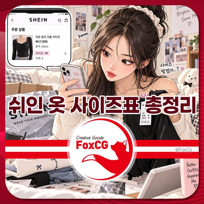 쉬인 옷 사이즈표를 확인하는 여성 캐릭터와 함께 다양한 의류가 놓인 배경, 한국 사이즈 변환과 올바른 사이즈 선택에 대한 정보를 제공하는 이미지.